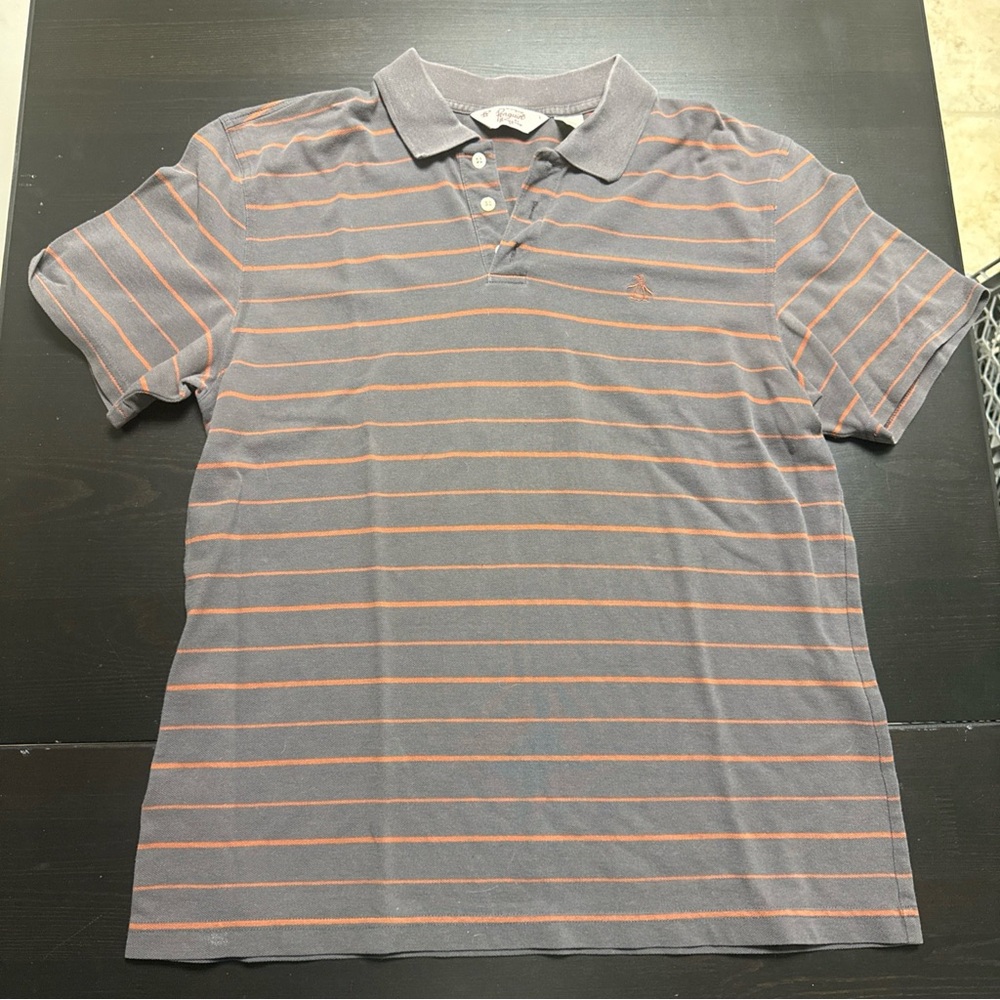 Penguin Men's Gray and Orange Striped Polo Shirt